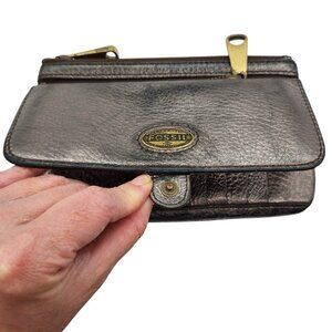 FOSSIL Gunmetal Explorer Flap Clutch Wallet Leather Bi Fold Zip Snap Cards Bills
